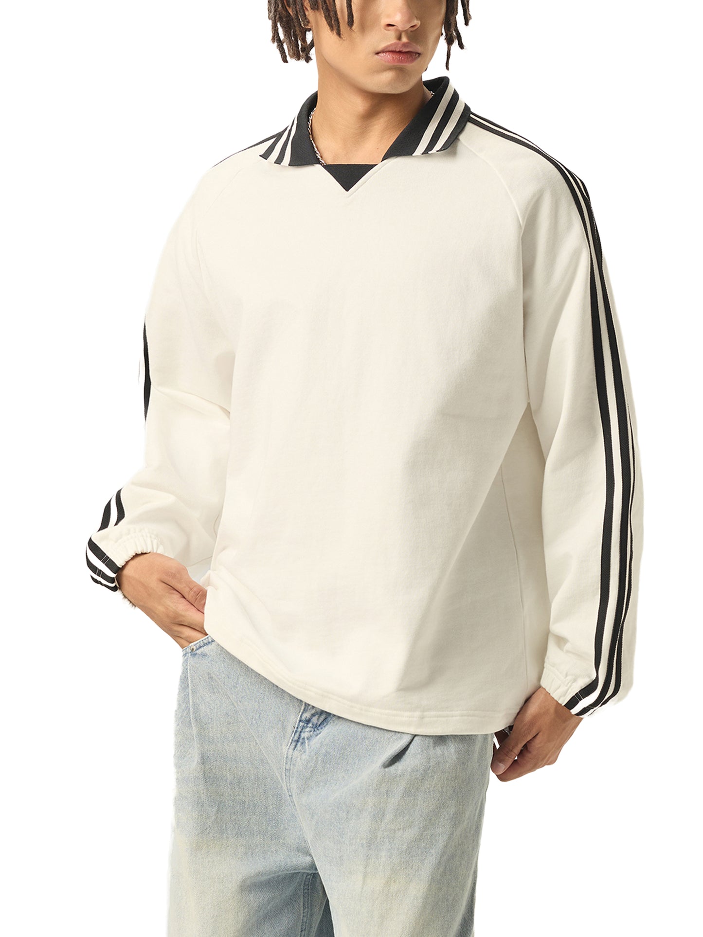 While Line Lapel Collar Sweatshirt