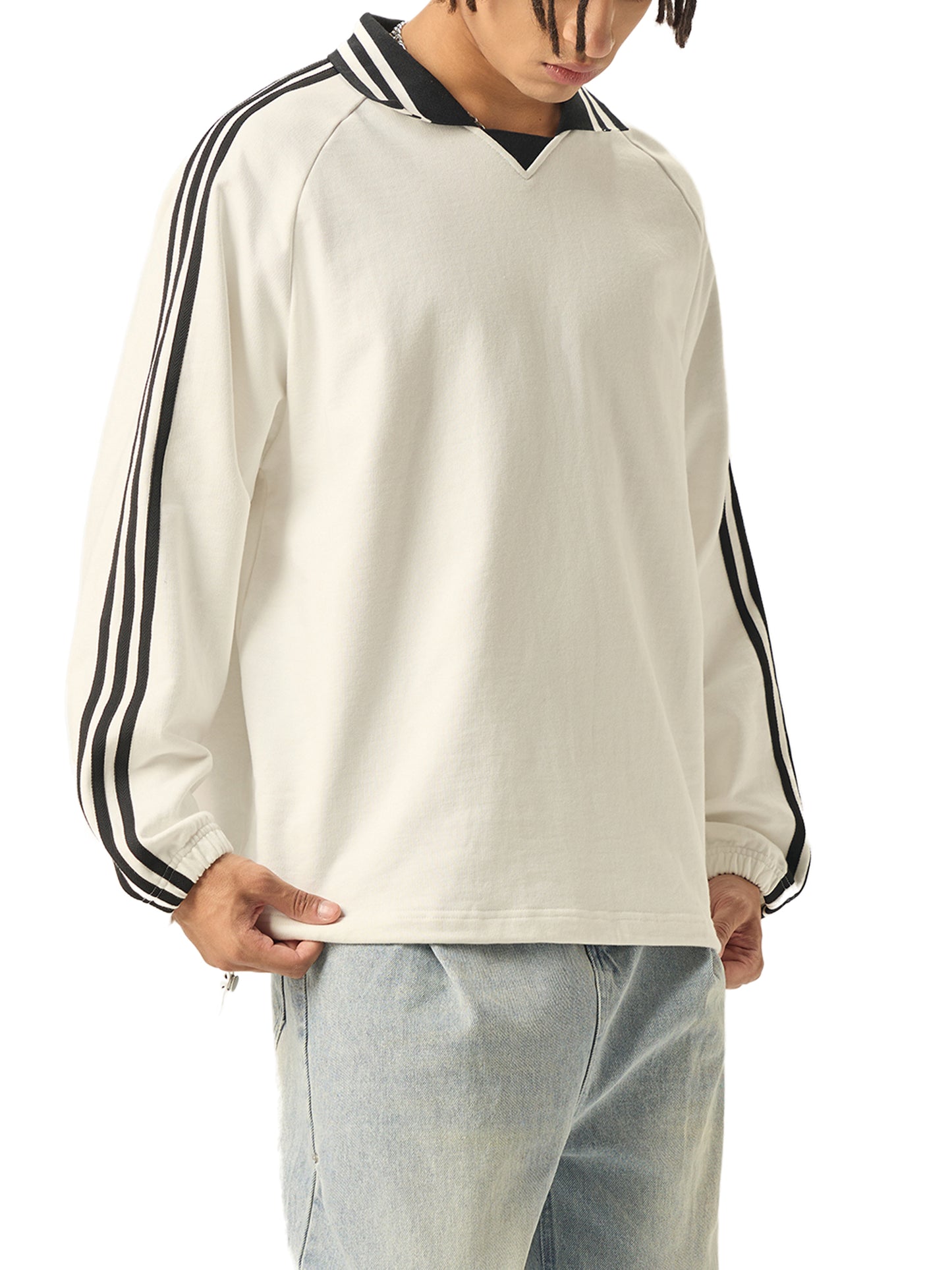 While Line Lapel Collar Sweatshirt