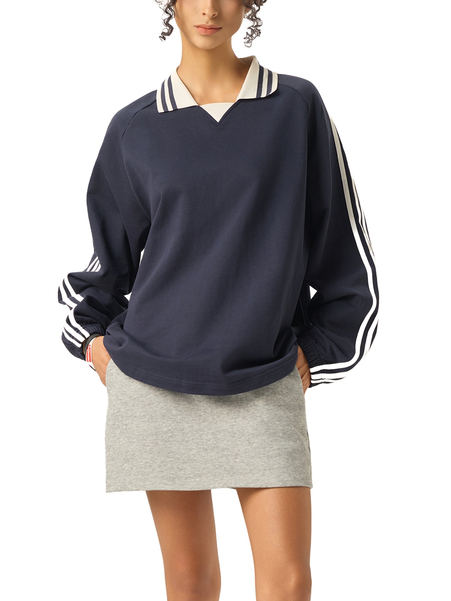 While Line Lapel Collar Sweatshirt