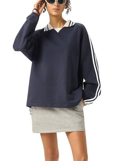 While Line Lapel Collar Sweatshirt