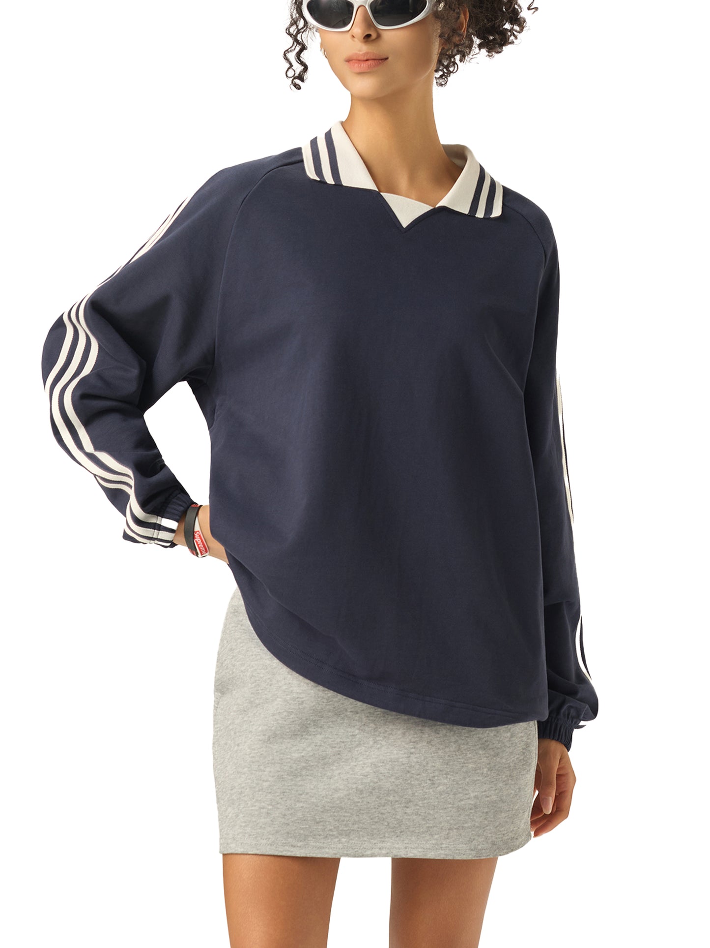 While Line Lapel Collar Sweatshirt