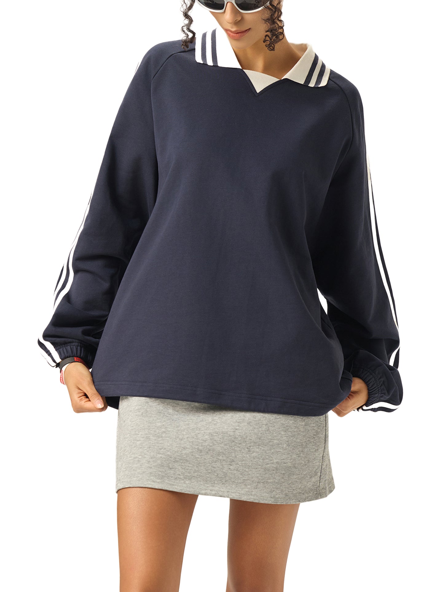 While Line Lapel Collar Sweatshirt